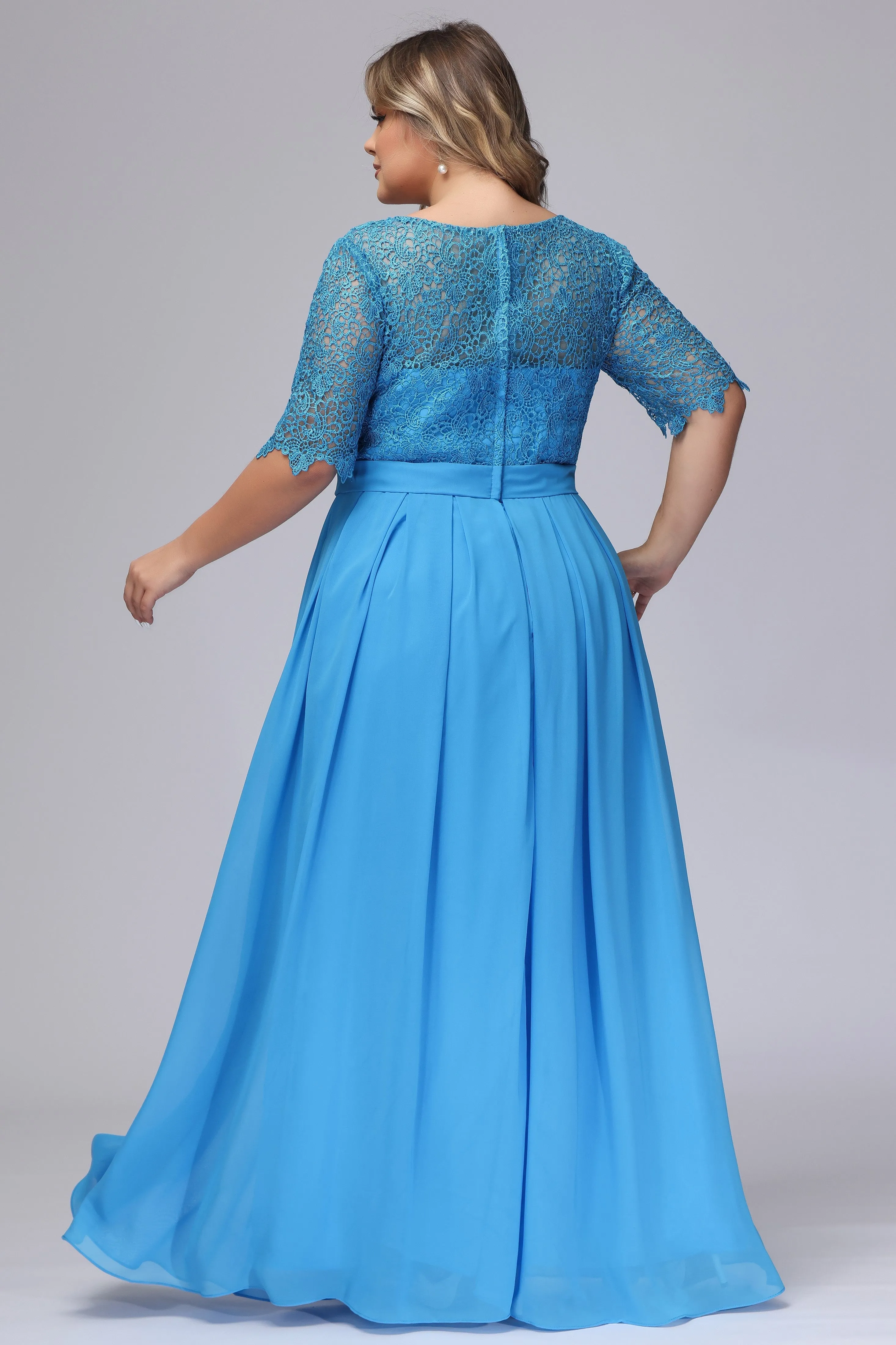 Ocean Blue Half Sleeves Scoop Lace Mother of the Bride Dresses