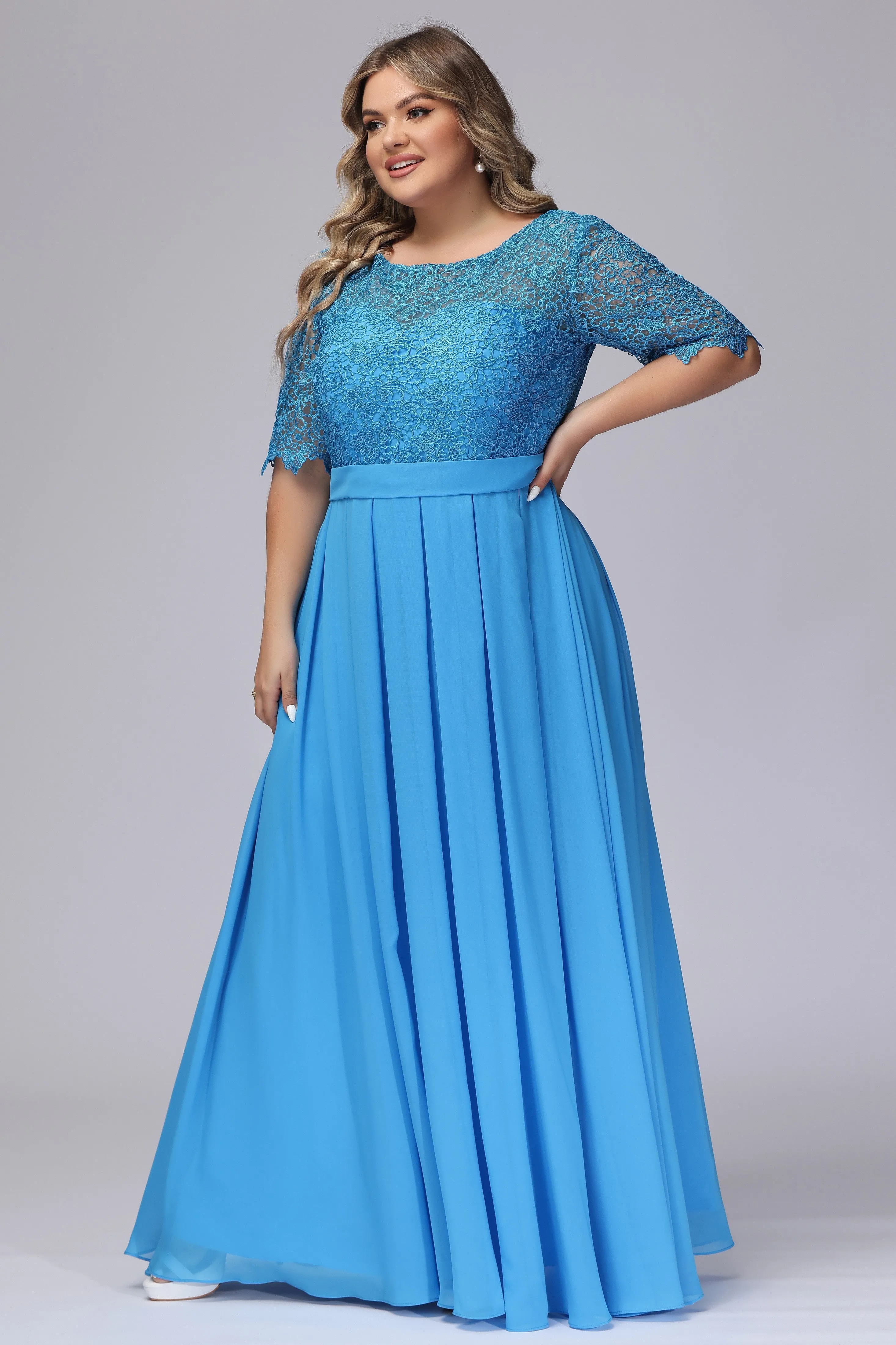 Ocean Blue Half Sleeves Scoop Lace Mother of the Bride Dresses