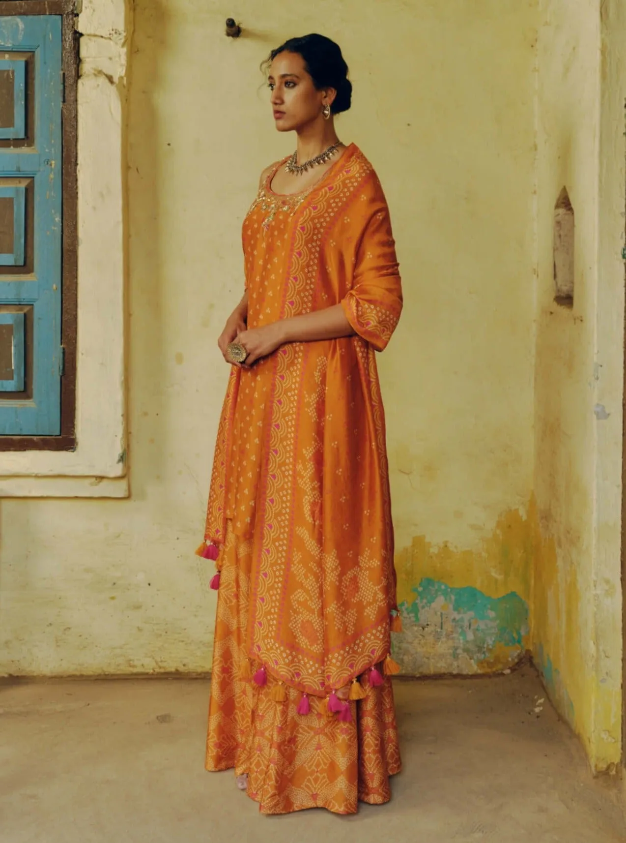 Ochre printed kurta and sharara set