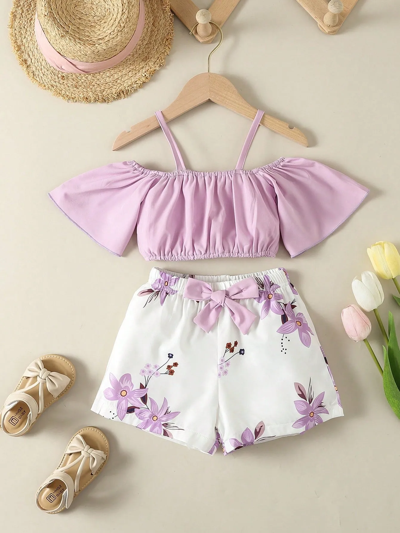 Off shoulder crop top| Girl Cold Shoulder Top & Floral Print Bow Short