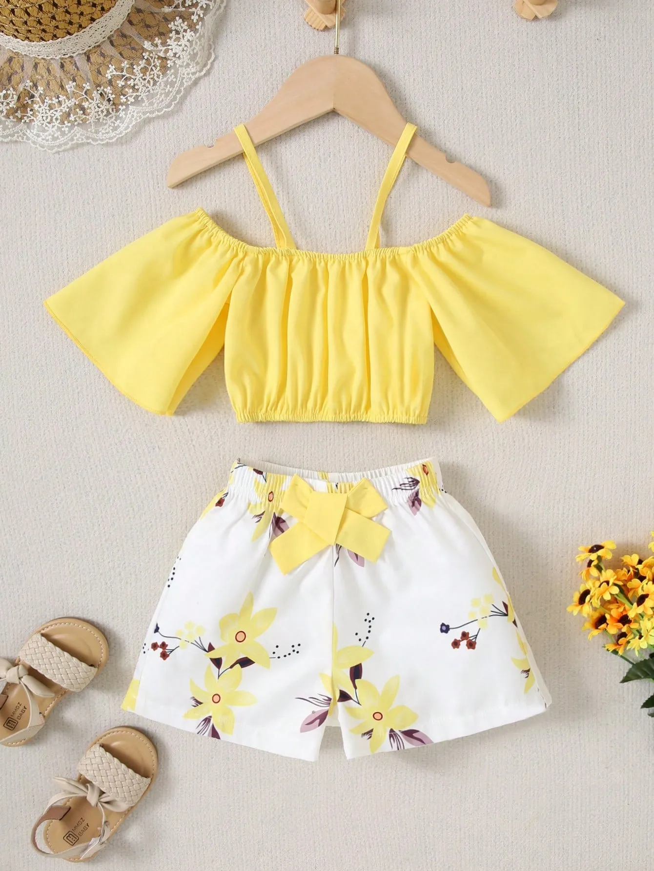 Off shoulder crop top| Girl Cold Shoulder Top & Floral Print Bow Short