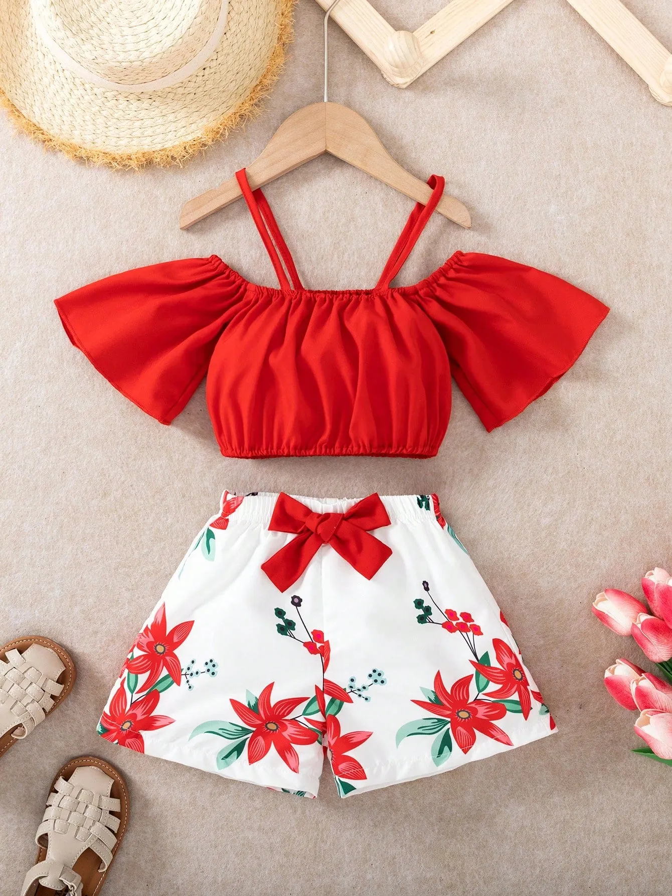 Off shoulder crop top| Girl Cold Shoulder Top & Floral Print Bow Short
