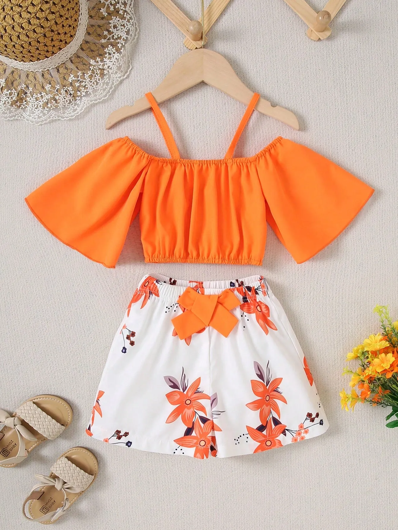 Off shoulder crop top| Girl Cold Shoulder Top & Floral Print Bow Short