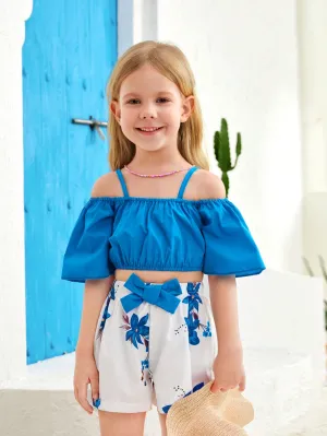Off shoulder crop top| Girl Cold Shoulder Top & Floral Print Bow Short