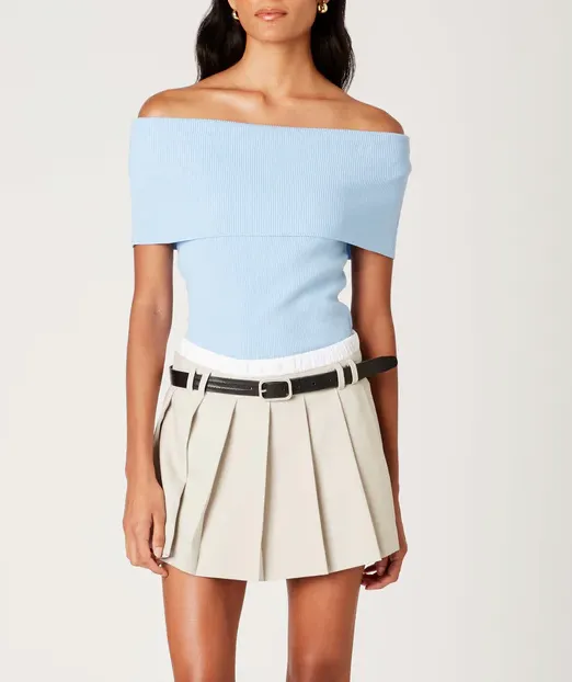 Off Shoulder Fold Over Ribbed Knit Top
