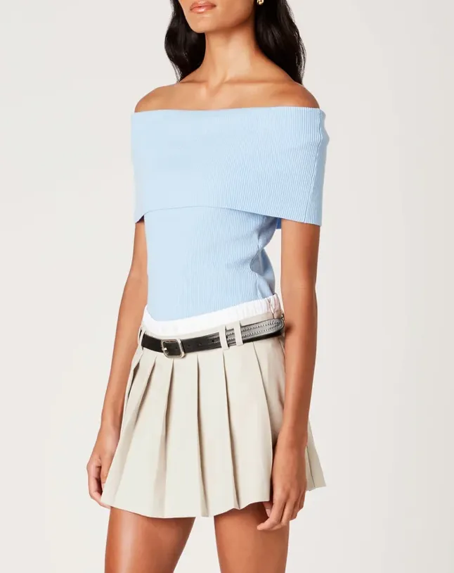 Off Shoulder Fold Over Ribbed Knit Top