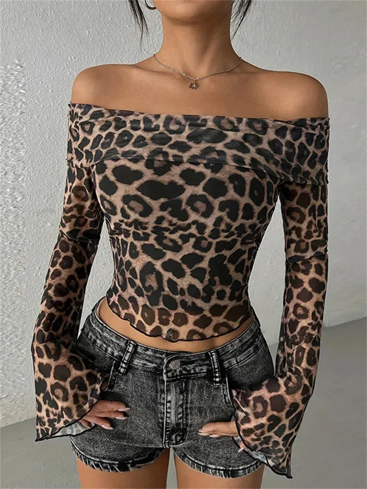 Off-Shoulder Leopard Mesh T-Shirt for Women - Long Sleeve Cropped Y2k Style