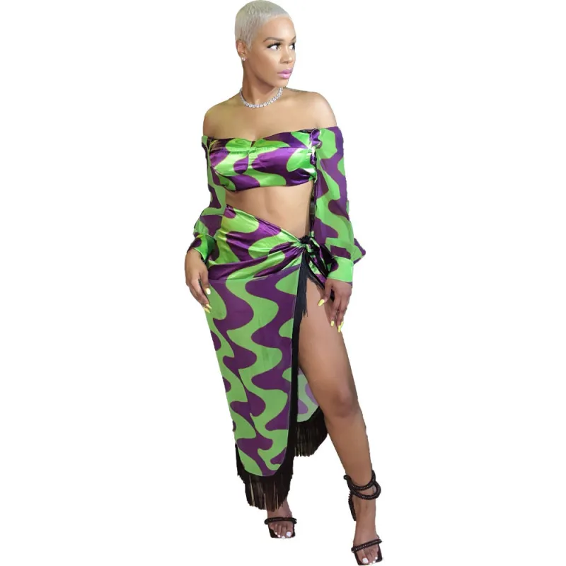 Off Shoulder Long Sleeve Crop Top with Tassel Wrap Skirt Set