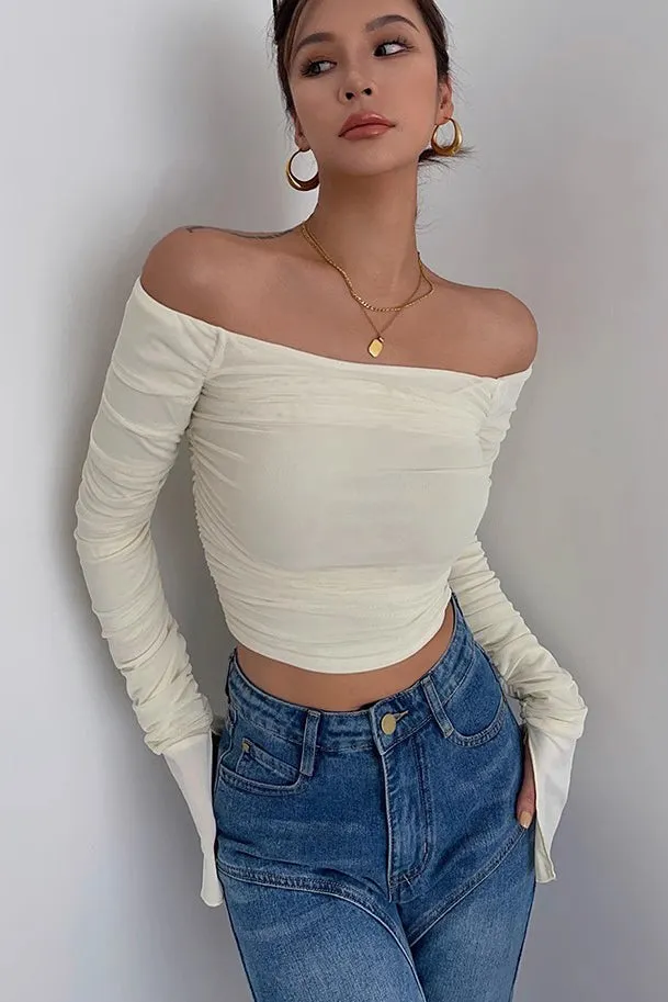 Off Shoulder Pleated Crop Tops Shirt