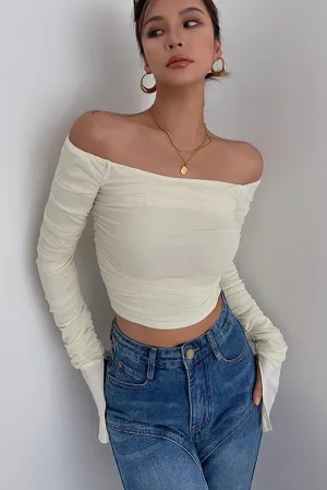 Off Shoulder Pleated Crop Tops Shirt