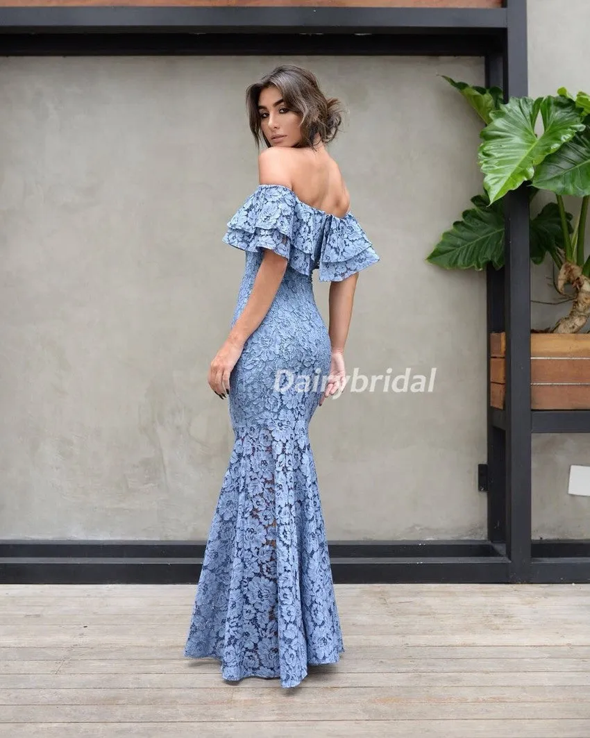 Off Shoulder Sexy Mermaid Prom Dresses, Lace Floor-Length Prom Dresses, D506