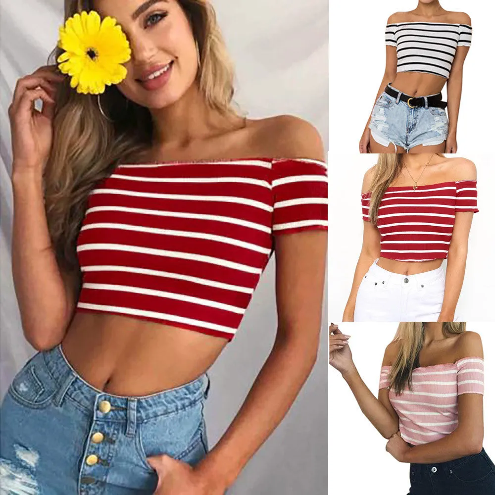 Off Shoulder Short Sleeve Striped Crop Top