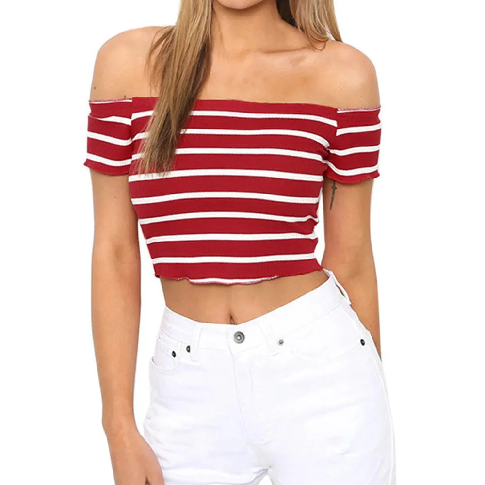 Off Shoulder Short Sleeve Striped Crop Top