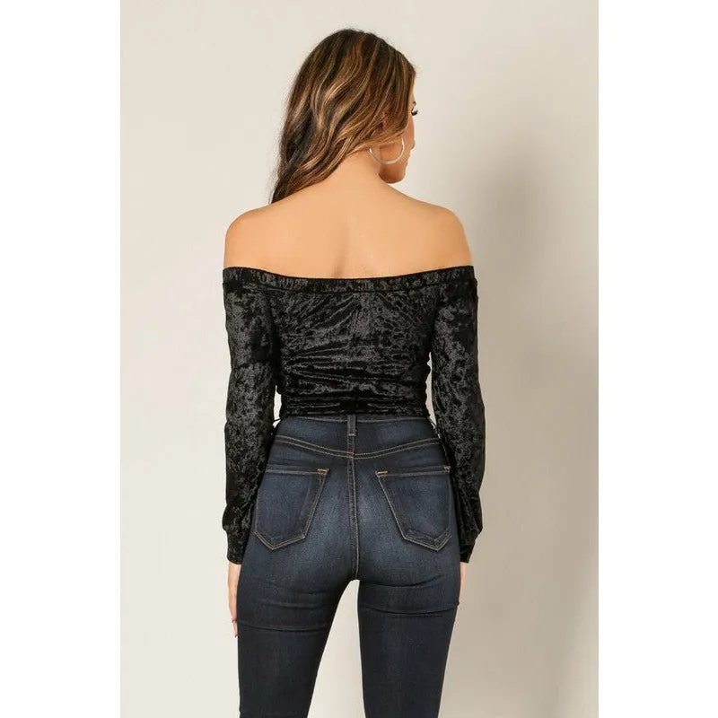 Off Shoulder Tie Front Velvet Crop Top - Black