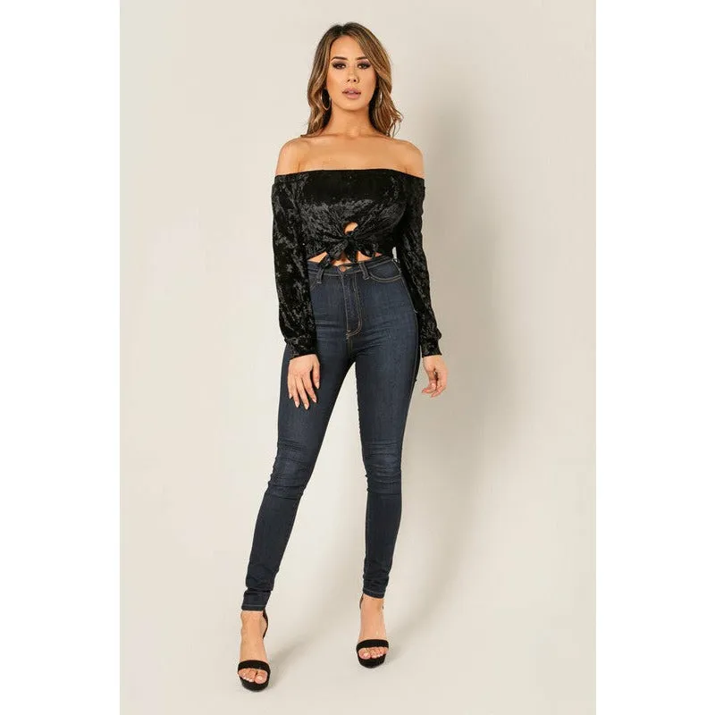 Off Shoulder Tie Front Velvet Crop Top - Black