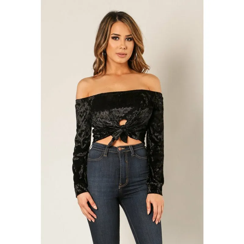 Off Shoulder Tie Front Velvet Crop Top - Black