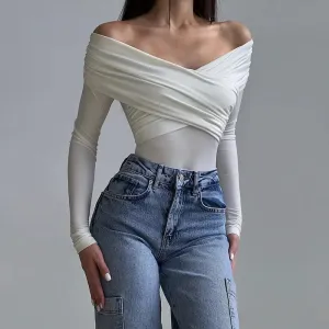 Off-Shoulder White Wrap Bodysuit – Elegant & Feminine
