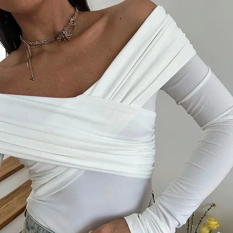 Off-Shoulder White Wrap Bodysuit – Elegant & Feminine