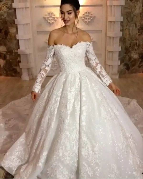 Off The Shoulder Lace Wedding Dresses Full Sleeve Appliques Elegant Bridal Gowns Chapel Train