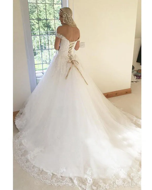 Off The Shoulder Lace Wedding Dresses with Appliques 2019 Elegant Tulle Wedding Dress for Brides