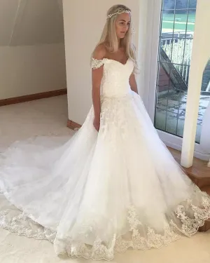 Off The Shoulder Lace Wedding Dresses with Appliques 2019 Elegant Tulle Wedding Dress for Brides
