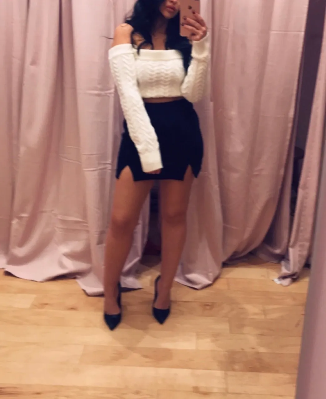 Off The Shoulder Long Sleeve Cable Knit Cropped Sweater