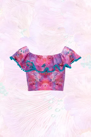 Off The Shoulder Pom Pom Crop Top in Forest of Dreams