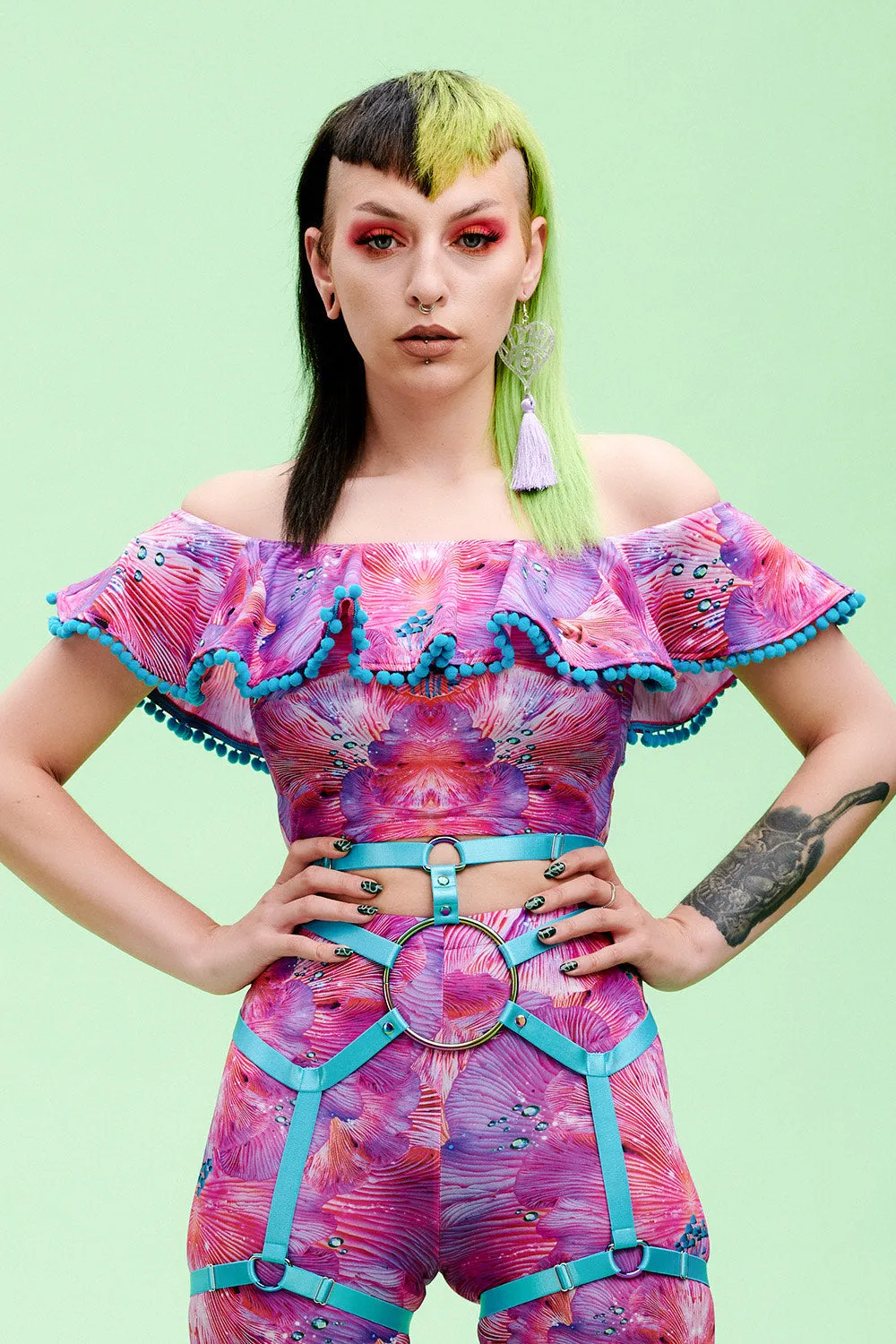Off The Shoulder Pom Pom Crop Top in Forest of Dreams