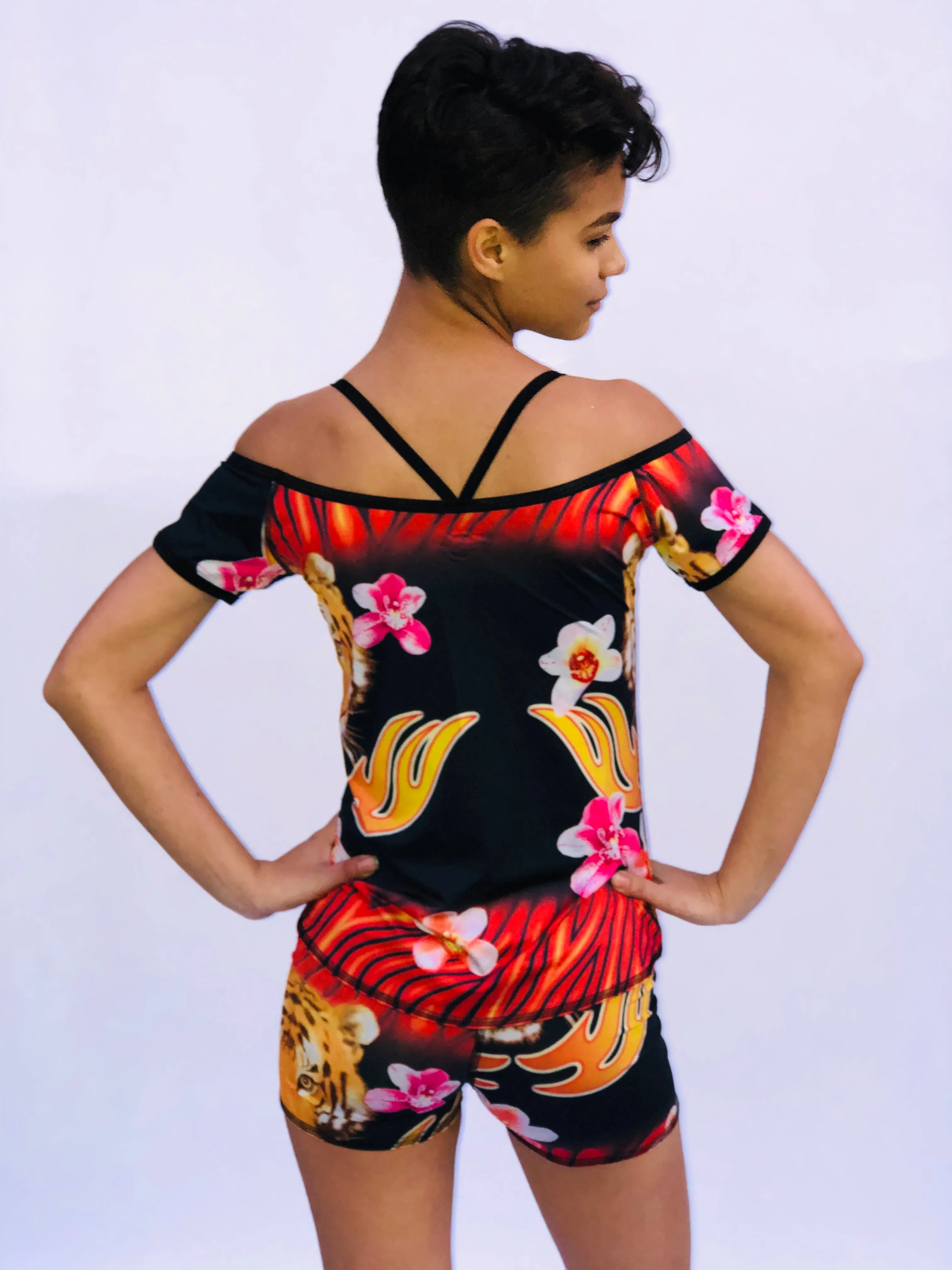 OFF THE SHOULDER TOP RED TIGER/HAWAIIAN FLORAL