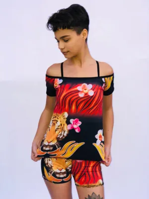 OFF THE SHOULDER TOP RED TIGER/HAWAIIAN FLORAL