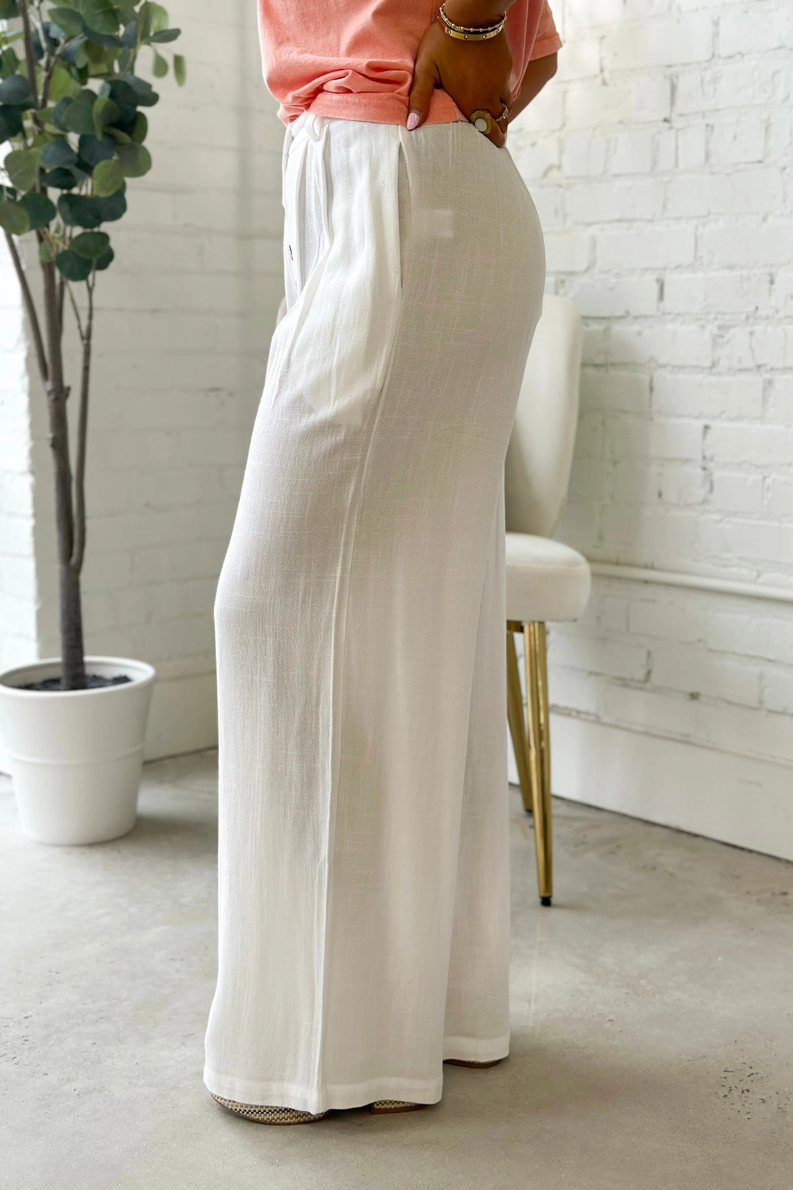 Off White Linen Button Detail High Waist Bottoms