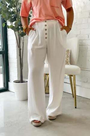 Off White Linen Button Detail High Waist Bottoms