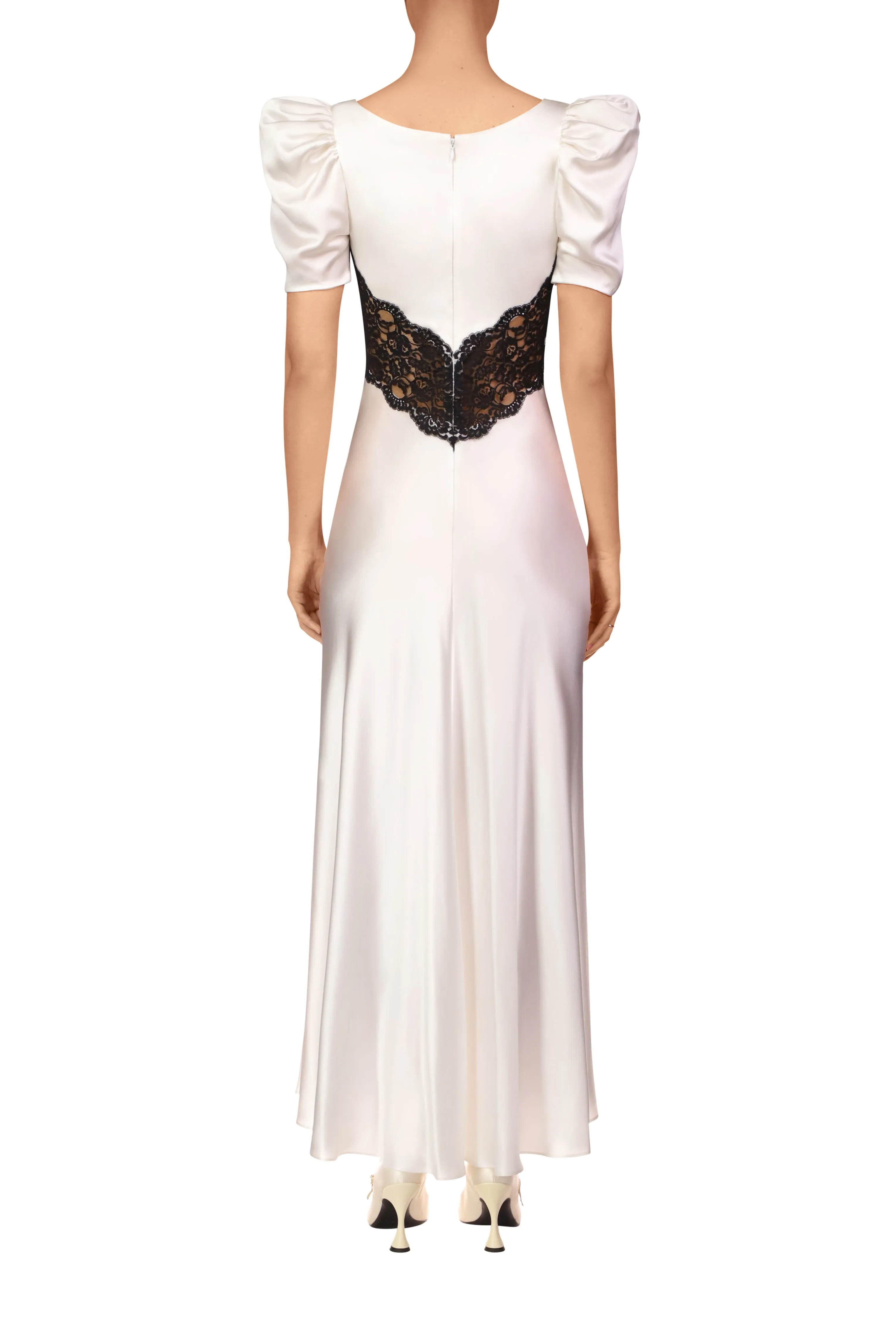 Off White Silk Short Sleeve Dress With Black Lace Details
