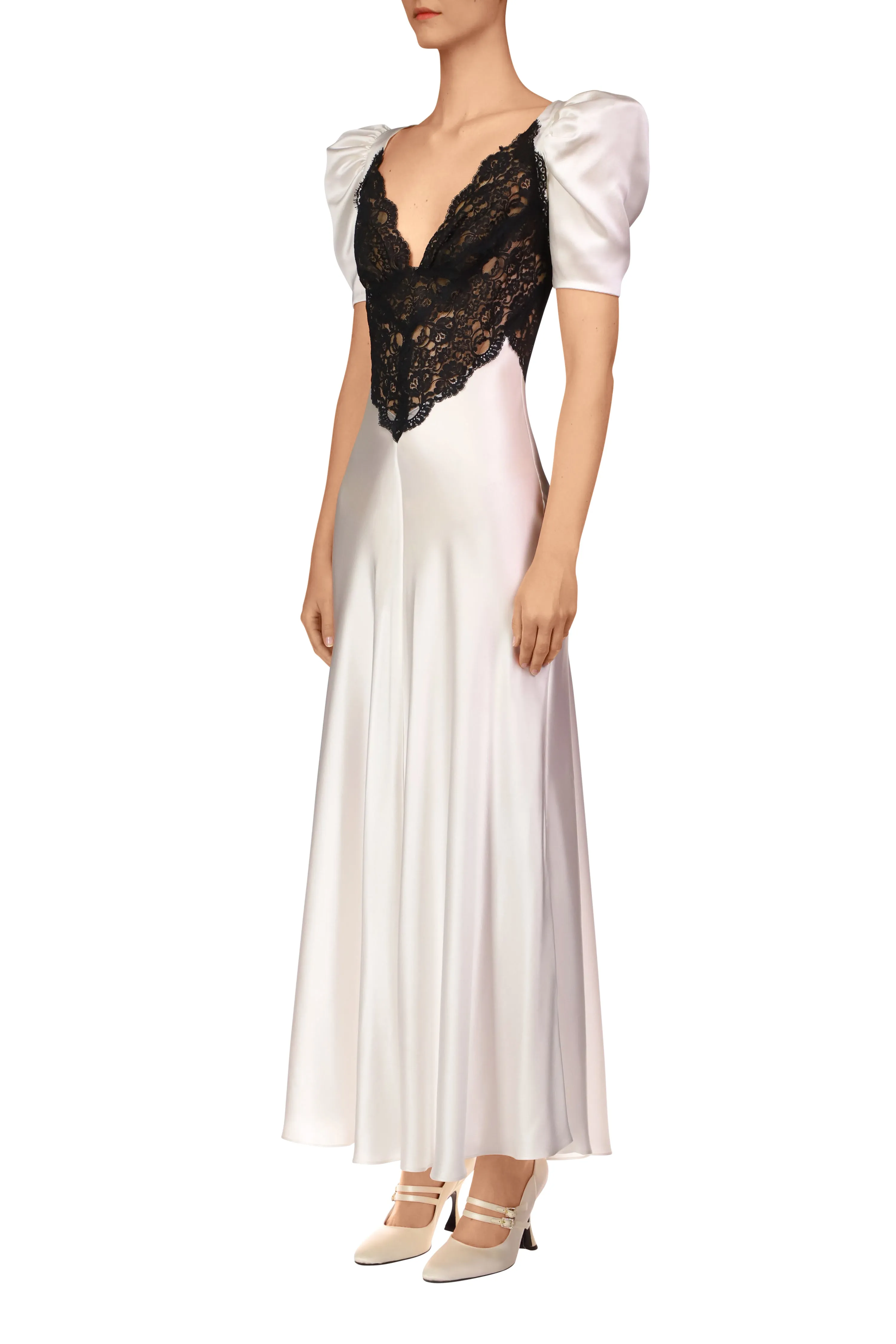 Off White Silk Short Sleeve Dress With Black Lace Details