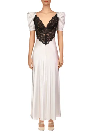 Off White Silk Short Sleeve Dress With Black Lace Details