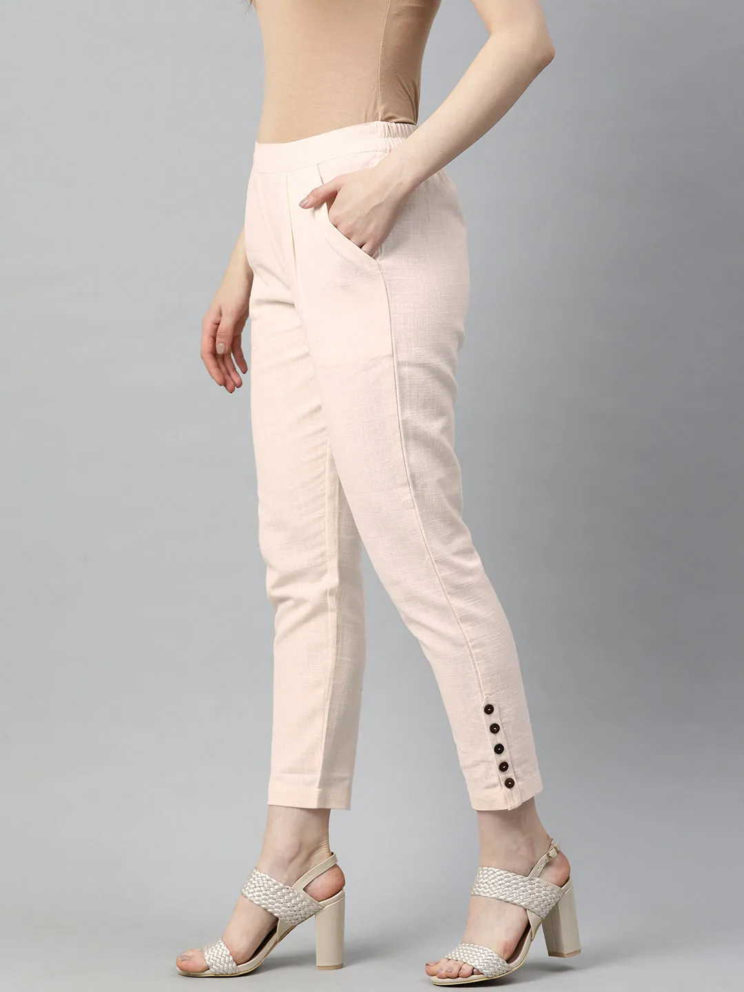 Off White Solid Cotton Slub Pants