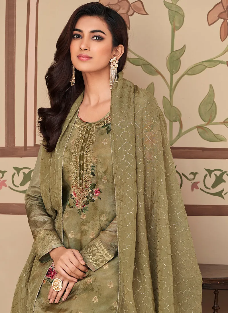 Olive Green Embroidery Printed Jacquard Silk Pant Suit