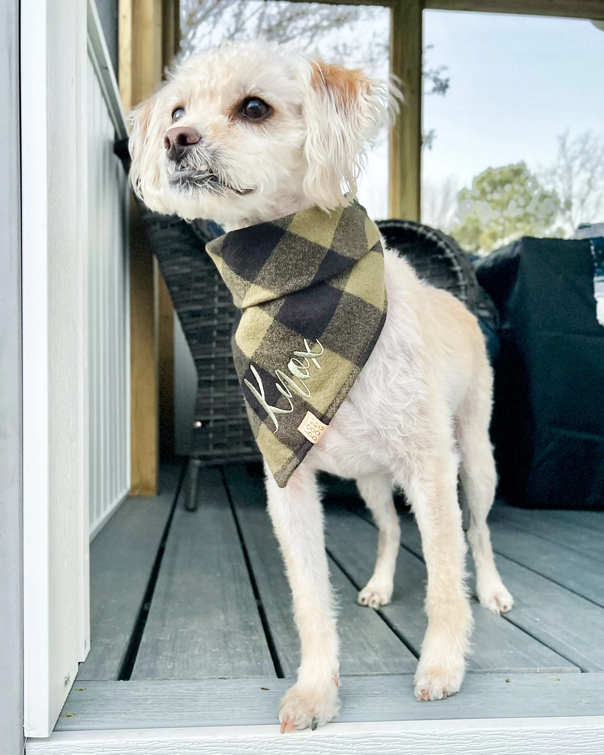Olive Plaid Flannel Dog Bandana (Personalization Available)