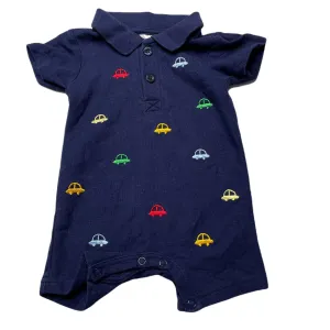 Ollies Place embroidered navy cotton polo romper, cars, size 000, Pre-loved