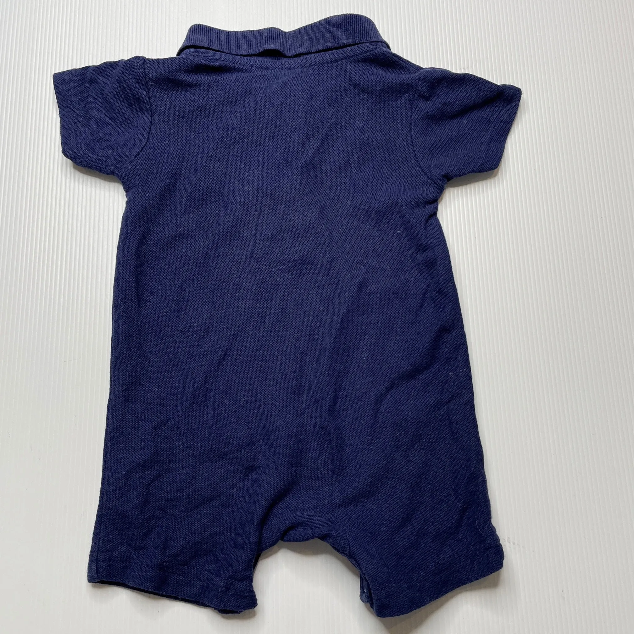 Ollies Place embroidered navy cotton polo romper, cars, size 000, Pre-loved