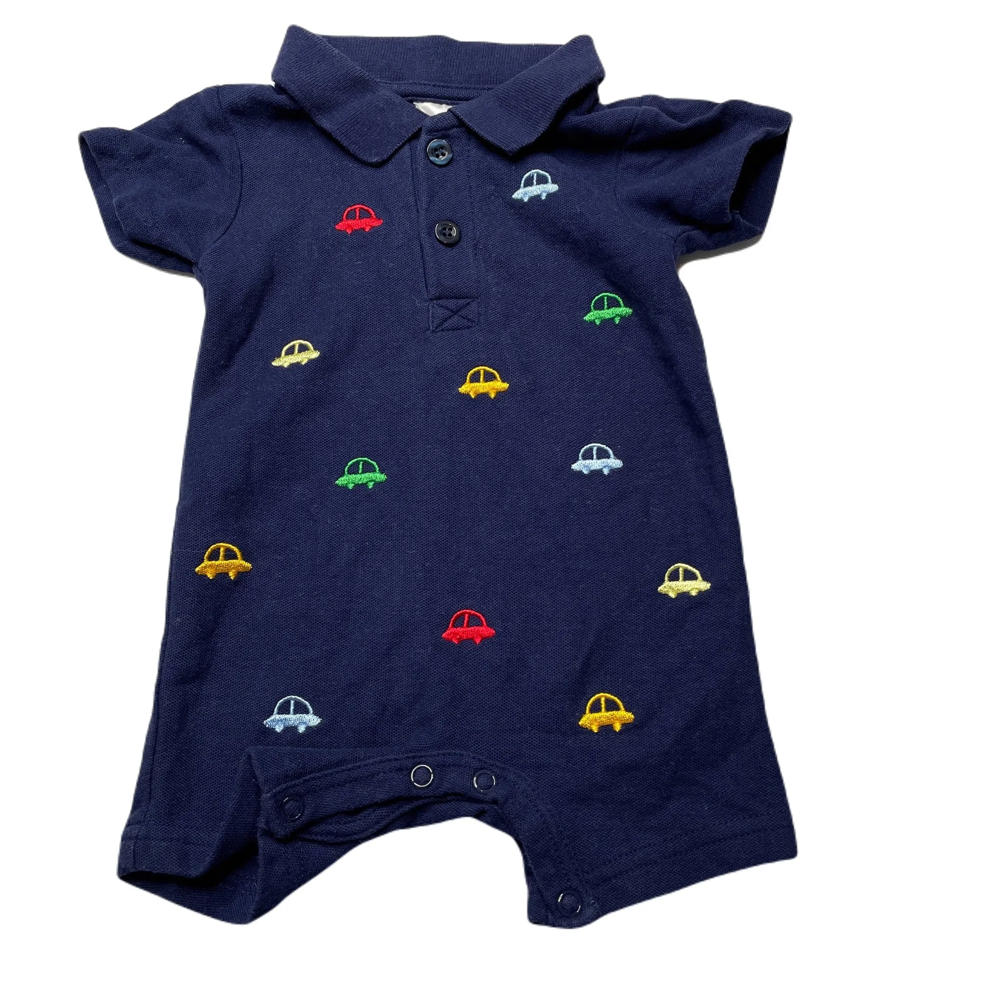 Ollies Place embroidered navy cotton polo romper, cars, size 000, Pre-loved