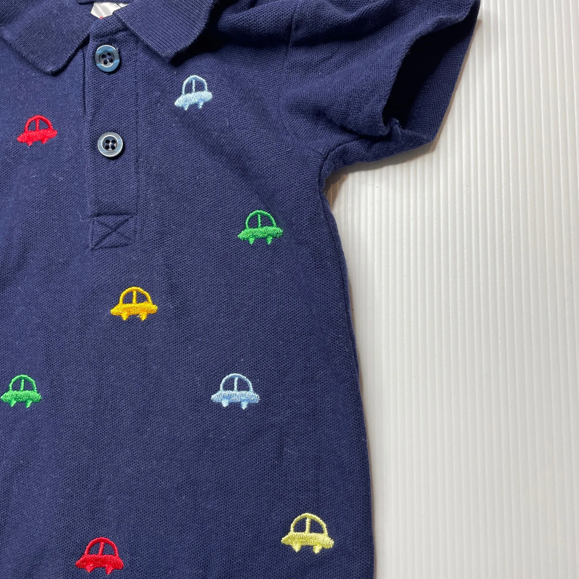 Ollies Place embroidered navy cotton polo romper, cars, size 000, Pre-loved