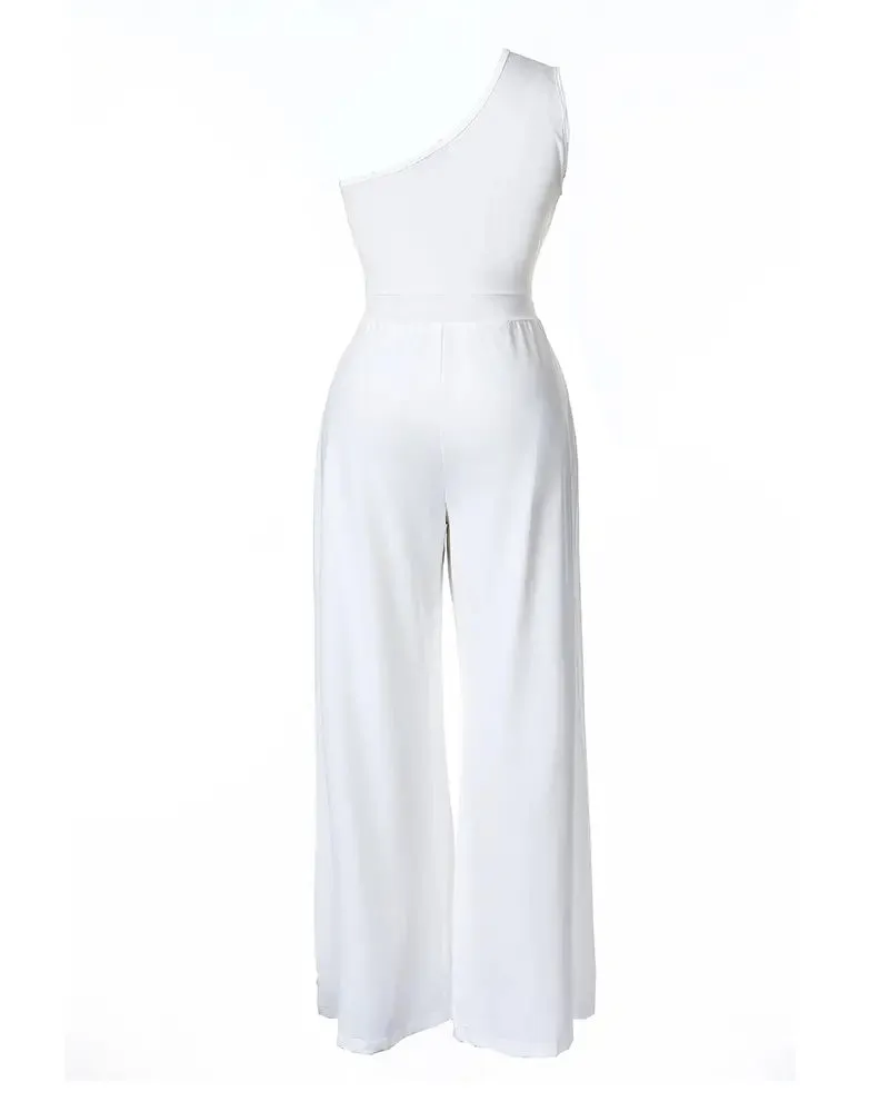 One Shoulder Ruched Wide Leg Jumpsuit - White
