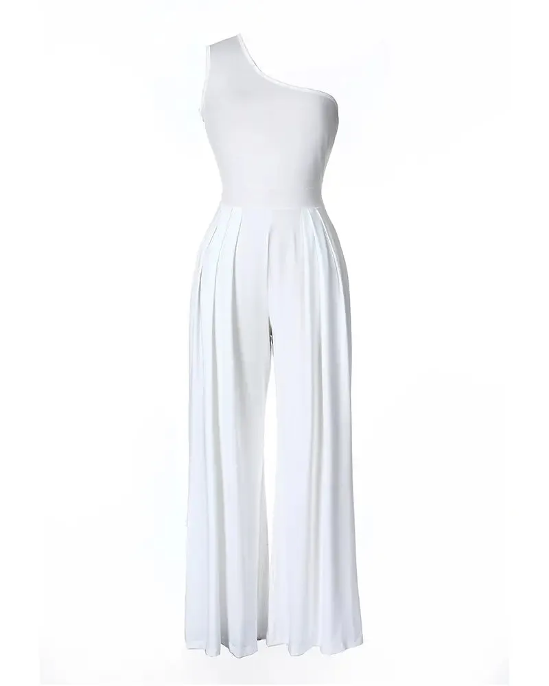 One Shoulder Ruched Wide Leg Jumpsuit - White