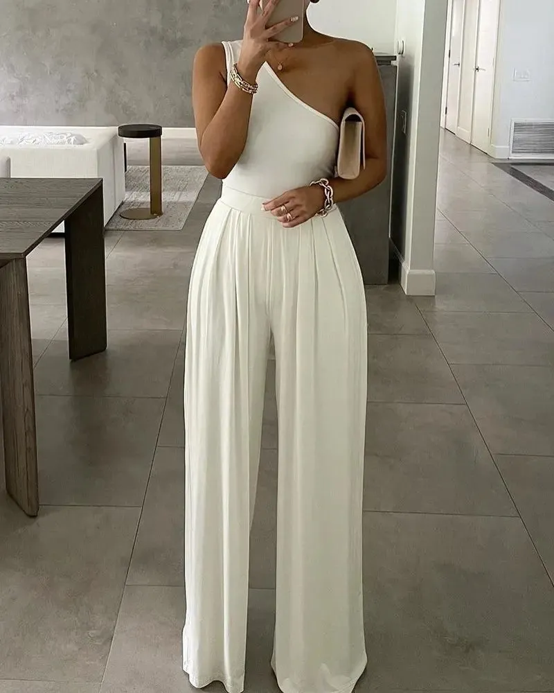 One Shoulder Ruched Wide Leg Jumpsuit - White