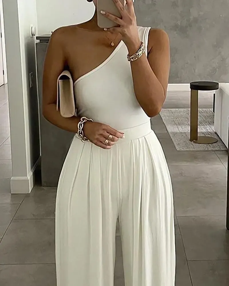 One Shoulder Ruched Wide Leg Jumpsuit - White