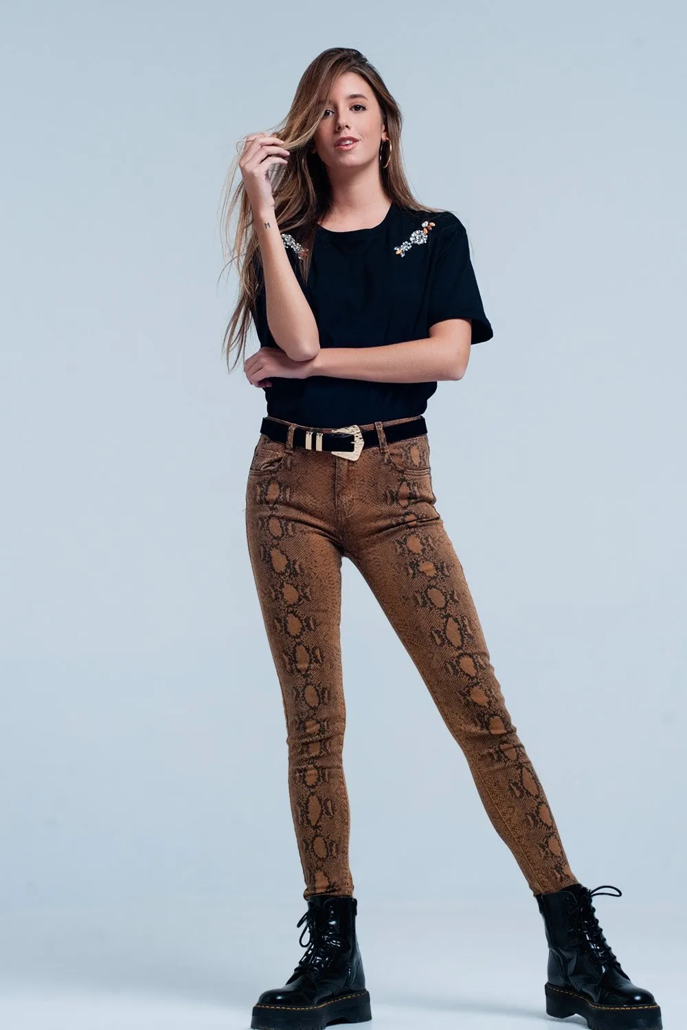 Orange Reversible Snake Print Skinny Jeans