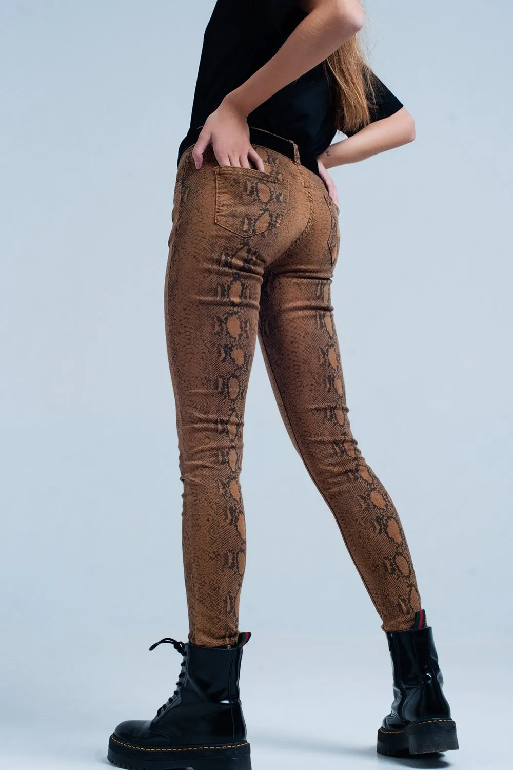 Orange Reversible Snake Print Skinny Jeans