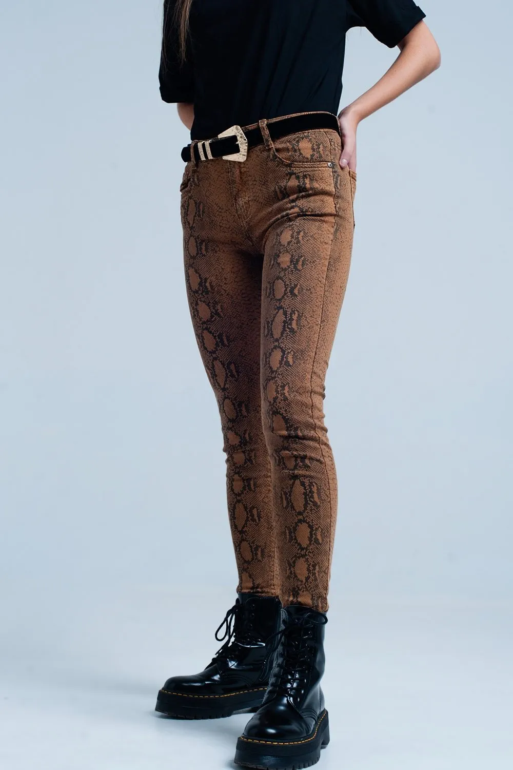 Orange Reversible Snake Print Skinny Jeans