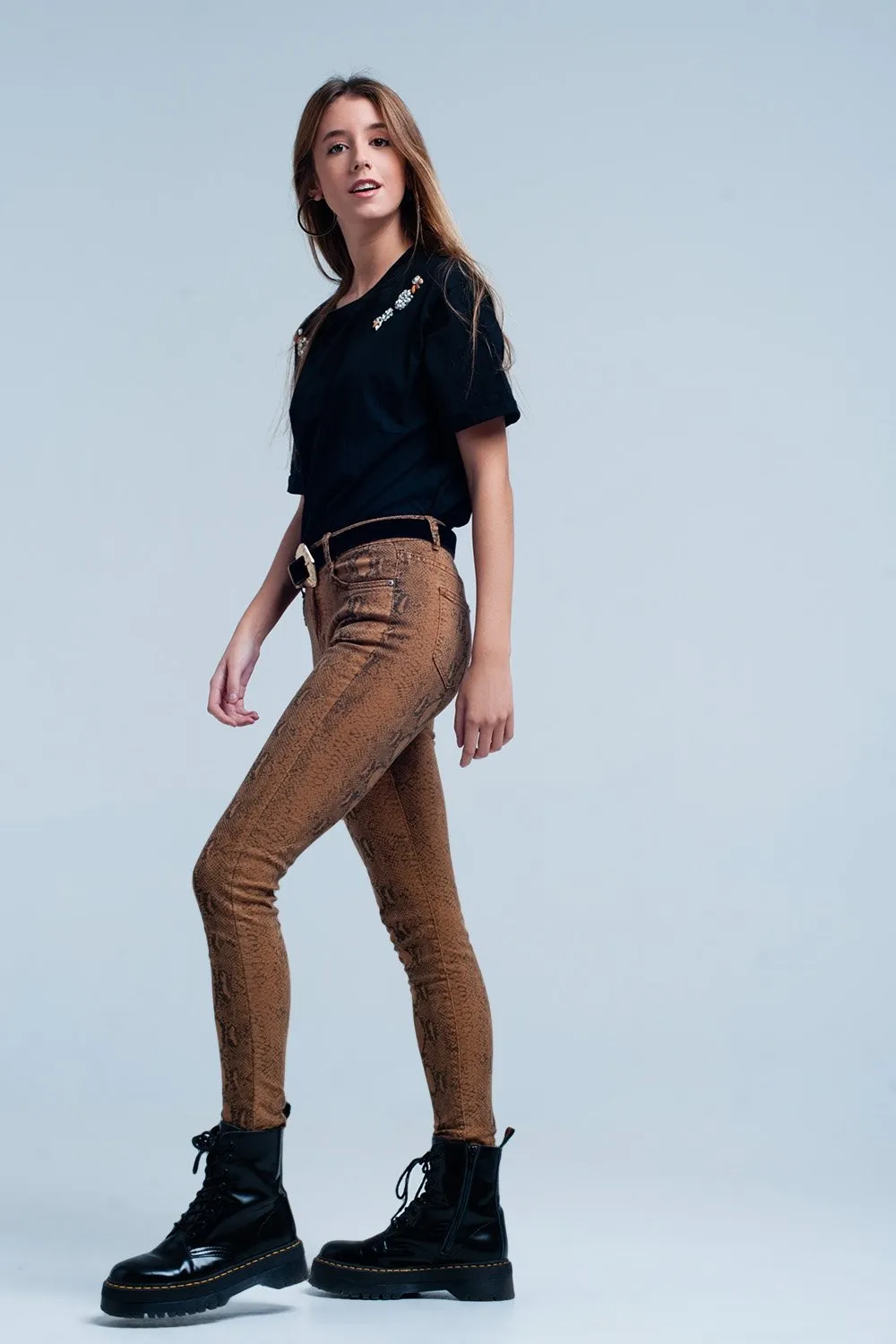 Orange Reversible Snake Print Skinny Jeans